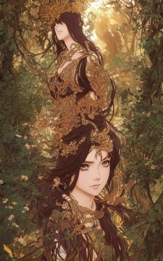 Image similar to anime key visual of amora the enchantress wearing intricate ornate kimono!! intricate, brown skin, magical forest, stunning, highly detailed, digital painting, artstation, smooth, hard focus, illustration, art by artgerm and greg rutkowski and alphonse mucha