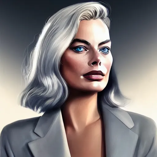 Image similar to a margot robbie wearing a business, she has grey hair and is holding a revolver, digital painting, smooth, hd, realist, artstation, deviantart