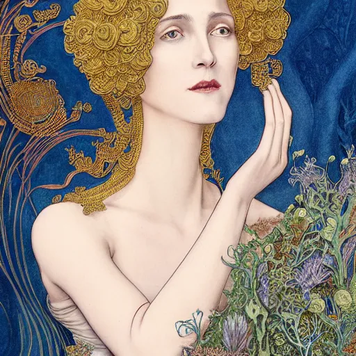 Image similar to facial portrait of a young pretty woman in flowing dress, arrogant, mysterious, long fine flowing hair, delicate, looking at camera, slightly awkward smile, realistic face, hands behind back, intricate, stylish, elegant, grimdark fantasy, flowers, art nouveau, extremely detailed painting inspired by Gerald Brom and Ernst Haeckel and Kaluta