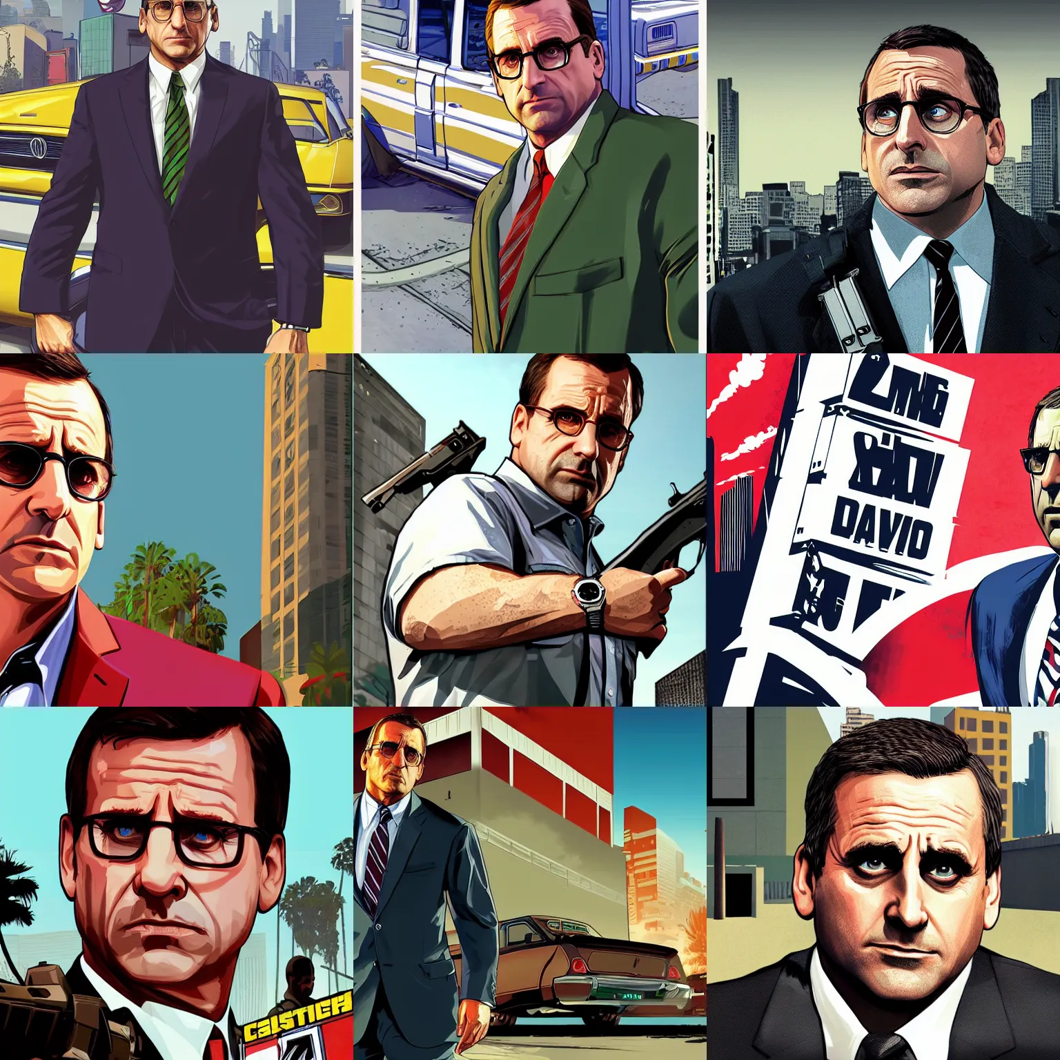 Prompt: steve carell in gta v promotional art by stephen bliss, no text, very detailed, high quality, dramatic lighting, great likeness