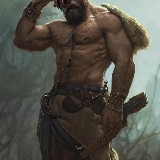 Prompt: portrait of a rugged ranger, muscular, upper body, hairy chest, D&D, fantasy, intricate, elegant, highly detailed, digital painting, artstation, concept art, matte, sharp focus, illustration, art by Artgerm and Greg Rutkowski and Alphonse Mucha