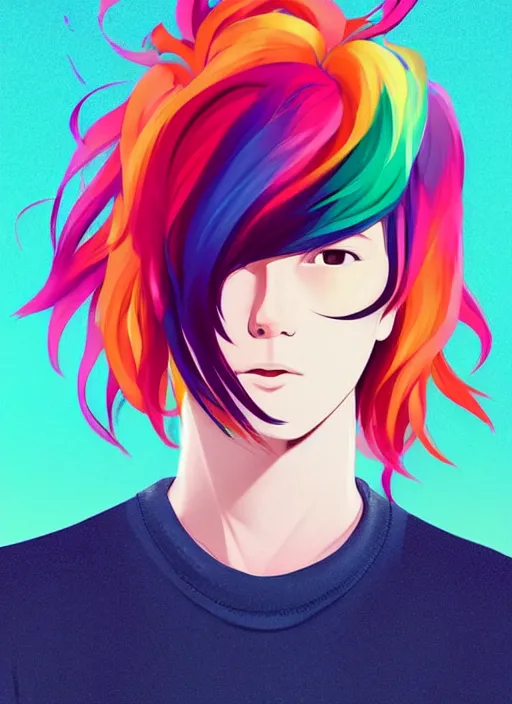 Image similar to a young man with beautiful rainbow hair. he looks very angry. clean cel shaded vector art. shutterstock. behance hd by lois van baarle, artgerm, helen huang, by makoto shinkai and ilya kuvshinov, rossdraws, illustration, art by ilya kuvshinov