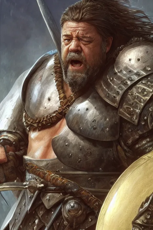 Image similar to ultra realistic illustration, russell crowe as a barbarian warrior from baldurs gate and diablo, intricate from baldurs gate, elegant, highly detailed, digital painting, artstation, concept art, smooth, sharp focus, illustration, art by artgerm and greg rutkowski and alphonse mucha