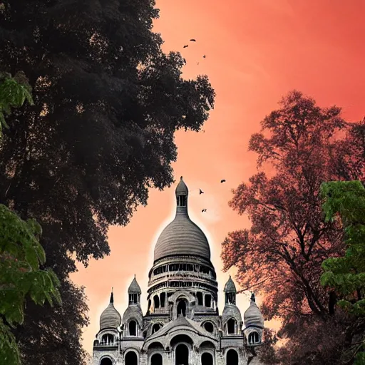 Image similar to abandoned Basilica of Sacré Coeur de Montmartre, toxic orange and pink clouds strain the sunlight, stark contrasting lighting, contrejour, a two-headed mutated deer-like creature looks on in the distance from the sparse twisted silhouetted foliage, a highly detailed colorful matte painting by Scott Listfield and Mikko Lagerstedt, featured on Artstation, Unreal Render, 8k HDR, fisheye