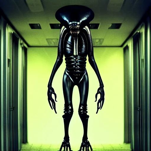 Image similar to black glossy xenomorph alien, endless empty office building, pale yellow wallpaper, moist brown carpet, dim fluorescent lighting, artstation, ultra detailed, creepy, dramatic lighting, photorealistic, art by h. r. giger