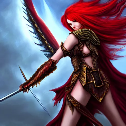 Prompt: fantasy concept art, winged! red hair woman!! flaming sword!!! ( ( ( plate armor ) ) ) ( ( ( ( devilish smile ) ) ) ), 4 k, painting