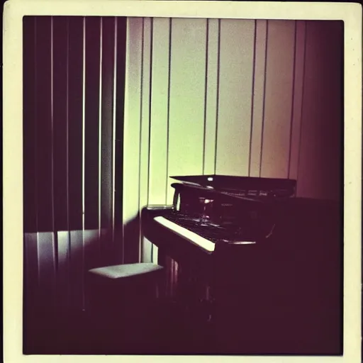 Image similar to a Polaroid photo of a transparent perspex piano, beams of light, nostalgic