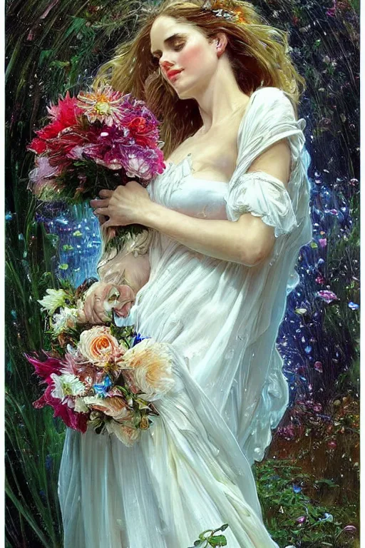 Image similar to portrait of a beautiful woman wearing a white dress, holding a bouquet of flowing flowers, drenched body, wet dripping hair, emerging from the water, fantasy, regal, fractal crystal, fractal gems, by stanley artgerm lau, thomas kindkade, alphonse mucha, loish, norman rockwell