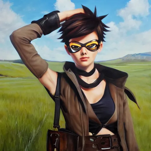 Image similar to oil painting of tracer overwatch in a field wearing very large black leather belt choker collar around neck, in style of mark arian, expressive face, very detailed face, very detailed eyes, belt around neck, full body, feminine face, tracer overwatch,