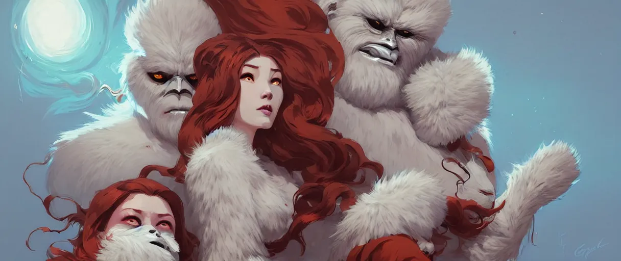 Prompt: beautiful artistic - wave highly detailed portrait female yeti and bigfoot, with kitsune mask, long red hair, by atey ghailan, by greg rutkowski, by greg tocchini, by james gilleard, by joe fenton, by kaethe butcher, dynamic lighting, gradient light blue, brown, blonde cream and white color scheme, grunge aesthetic