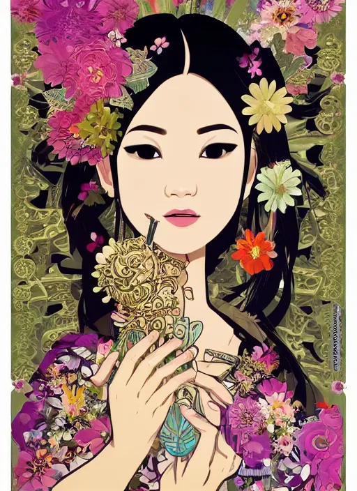 Image similar to !!! very coherent!!! vector art, beautiful floralpunk balinese cyborg portrait girl female illustration detailed patterns art of bali traditional dress, flower pop art, floral splash painting, art by ashley wood, alphonse mucha, makoto shinkai, geof darrow, dark shadow