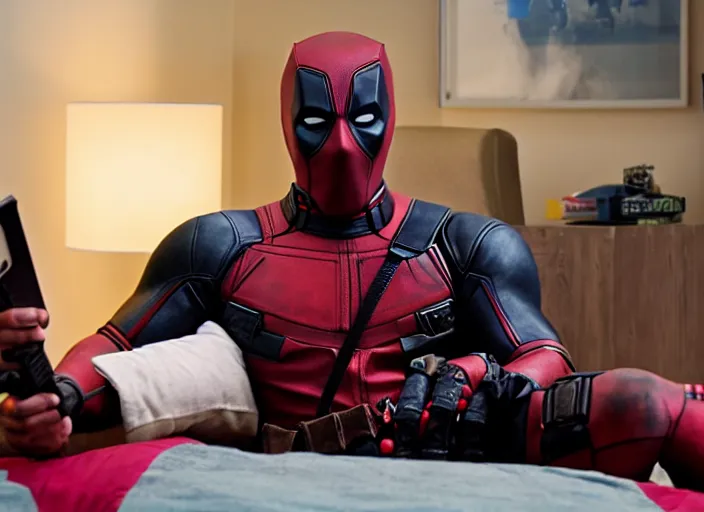 Image similar to film still of Deadpool working as a twitch streamer in his gamer bedroom in the new Deadpool movie, 4k