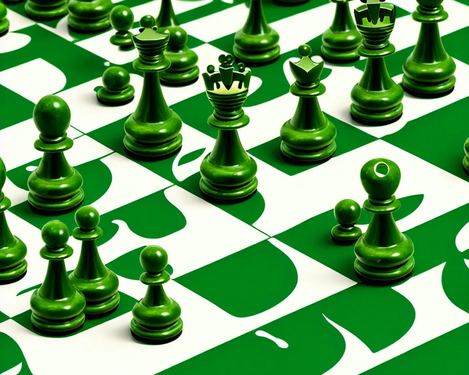 Image similar to a modern, ornate chess set on a green background. pop art, detailed, proportional, romantic, enchanting