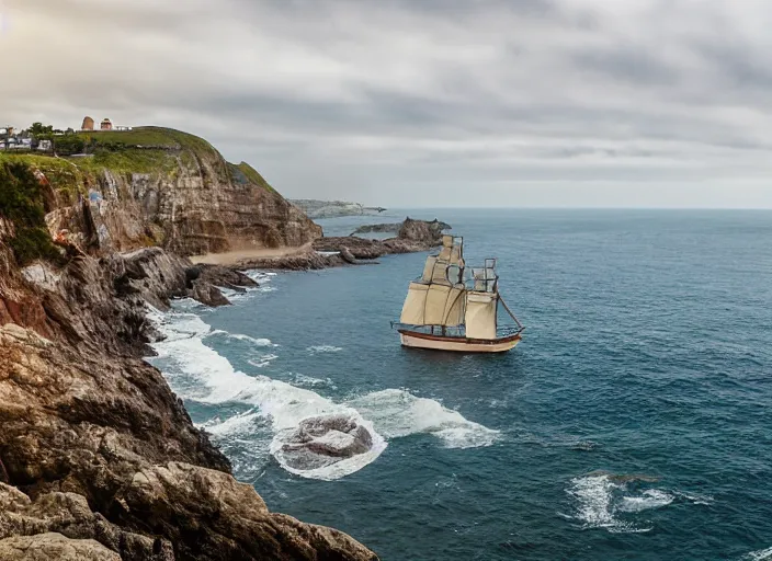 Prompt: a coastal city perched on a cliff overlooking a magnificent bay. Its main street is lined with tall and graceful buildings that are mostly constructed from white brick or stone, giving them a dignified look. a massive sailing ship with black sails on the water. rugged rocks in foreground, water, calm waves, rocky seashore, ocean, calm weather, shoreline, wooden dock. Fantasy digital painting by Greg Rutkowski. Fantasy. Digital painting. Greg Rutkowski. Fantasy artwork.