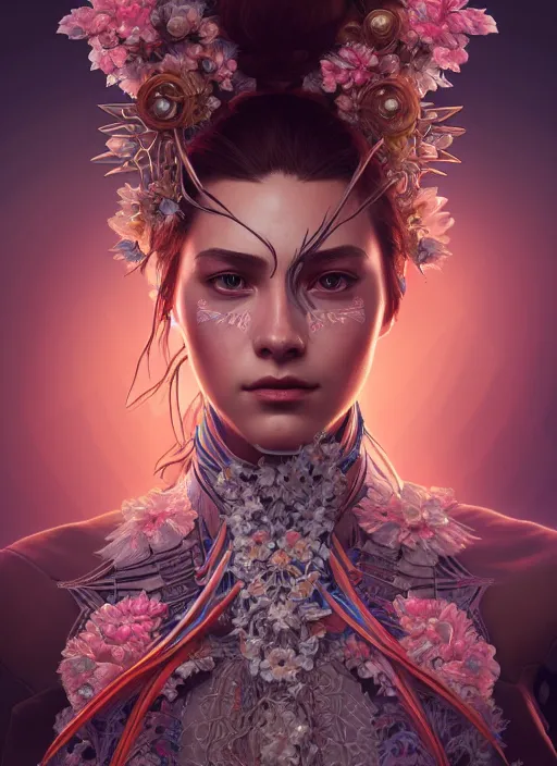 Image similar to symmetry!! portrait of floral! horizon zero dawn machine, intricate, elegant, highly detailed, digital painting, artstation, concept art, smooth, sharp focus, illustration, art by artgerm and greg rutkowski and alphonse mucha, 8 k