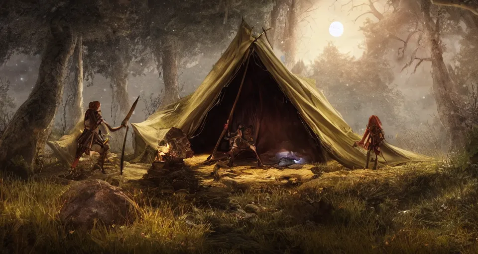 Image similar to an epic fantasy adventurer's camp with a hide tent at night with a full moon, a single adventurer with red hair playing an instument, 4 k, extremely detailed. award winning, trending on artstation, 8 k, ultra wide angle