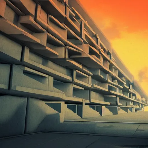 Image similar to surreal brutalism, artstation, low sunset, colorful, great composition,