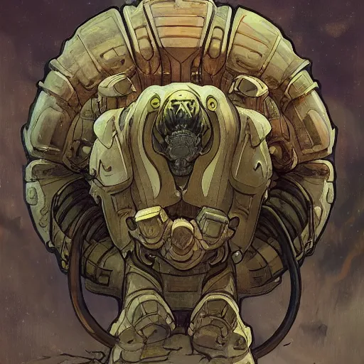 Image similar to hulking, brutish clone with vacant expression and giant isopod attached to back of neck, wearing brutalist black steel power armor and camoflauge cloak, science fiction concept art by Anato Finnstark, Alphonse Mucha, and Greg Rutkowski