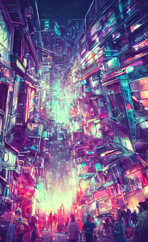 Image similar to lively futuristic sci-fi city superstructure, neon lights and illuminated windows, grungy textures and graffiti, crowds of people, cinematic street view, long sight lines with starry sky, clean 8k sci-fi illustration, trending on art station