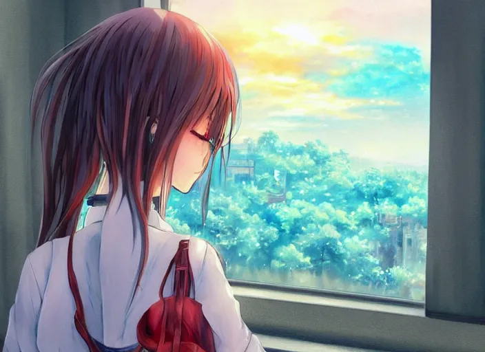 Image similar to anime girl in skirt looking out the window at megopolois and sunset, dynamic composition, motion, ultra-detailed, incredibly detailed, a lot of details, amazing fine details and brush strokes, colorful and grayish palette, smooth, HD semirealistic anime CG concept art digital painting, watercolor oil painting of Clean and detailed post-cyberpunk sci-fi close-up schoolgirl in asian city in style of cytus and deemo, blue flame, relaxing, calm and mysterious vibes,, by a Chinese artist at ArtStation, by Huang Guangjian, Fenghua Zhong, Ruan Jia, Xin Jin and Wei Chang. Realistic artwork of a Chinese videogame, gradients, gentle an harmonic grayish colors. set in half-life 2, Matrix, GITS, Blade Runner, Neotokyo Source, Syndicate(2012), dynamic composition, beautiful with eerie vibes, very inspirational, very stylish, with gradients, surrealistic, dystopia, postapocalyptic vibes, depth of field, mist, rich cinematic atmosphere, perfect digital art, mystical journey in strange world