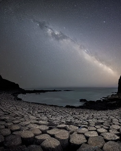 Image similar to perseid meteor shower over the giant's causeway, in the style of the dutch masters and gregory crewdson, dark and moody, depth of field