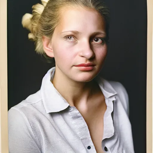 Image similar to portrait of a beautiful young woman, front view. casual clothing. studio photo by annie leibovitz.