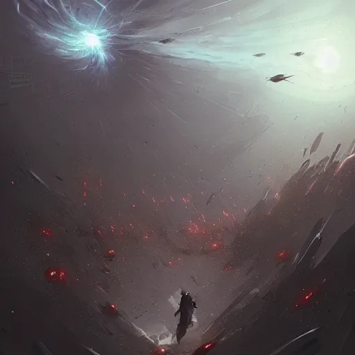 Prompt: swarm of wormholes hovering around a man by greg rutkowski