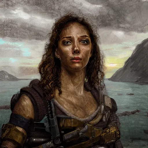 Prompt: portrait of mercenary's wife young beautiful woman standing on primeval waters, dynamic lighting, cinematic, establishing shot, extremely high detail, photo realistic, cinematic lighting, oil painting, intricate line drawings