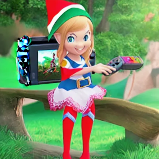 Elf girl from a magical world playing a Nintendo Switch