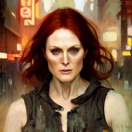 Image similar to julianne moore, hyperrealistic portrait, bladerunner street, art of elysium by jeremy mann and alphonse mucha, fantasy art, photo realistic, dynamic lighting, artstation, poster, volumetric lighting, very detailed face, 4 k, award winning