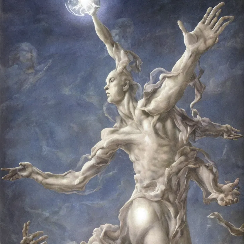 Prompt: marble statue of a supernatural alien being reaching with arms outstretched, hands holding big glowing orbs, pulp sci - fi art for omni magazine. high contrast. baroque period, oil on canvas. renaissance masterpiece.