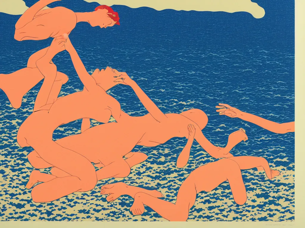 Image similar to Crying uncontrollably by the beach, flat design, screen print by Kawase Hasui, jeffrey smith and Yves Klein