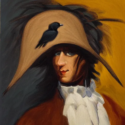 Prompt: tonalist portrait of crow - human creature hybrid wearing shako, futurist, burnt umber, yellow ochre, and titanium white