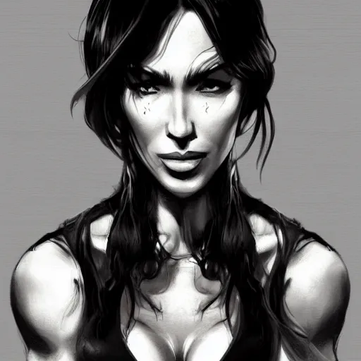 Image similar to a black haired woman in a black tank top, muscular upper body, abs, d & d, fantasy, intricate, elegant, highly detailed, digital painting, artstation, concept art, smooth, sharp focus, illustration, art by mike deodato