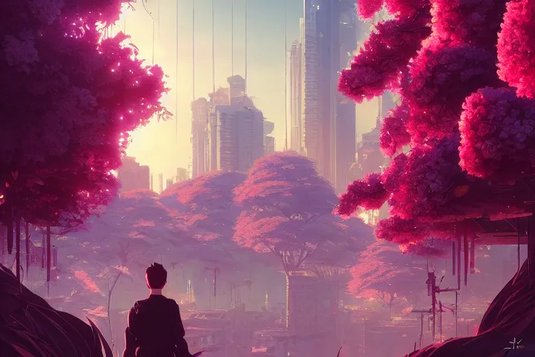 Image similar to synthwave city, red cherry blossoms, unreal engine, fantasy art by greg rutkowski, loish, rhads, ferdinand knab, makoto shinkai and lois van baarle, ilya kuvshinov, rossdraws, tom bagshaw, global illumination, radiant light, detailed and intricate environment