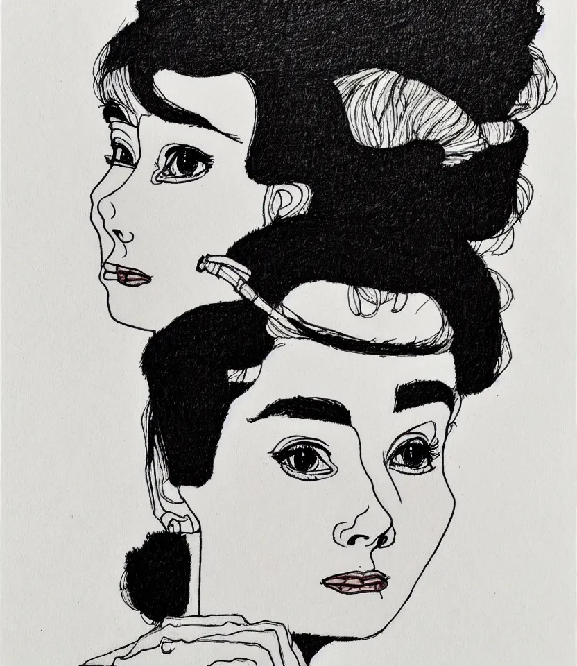 Image similar to gracefully detailed line art portrait of audrey hepburn, inspired by egon schiele.