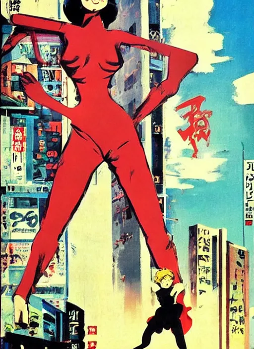 Image similar to attack of the 5 0 foot woman ( 1 9 5 8 ) film as a giant japanese cosplay, girl towering over buildings, by ashley wood, yoji shinkawa, jamie hewlett, 6 0's french movie poster, french impressionism, vivid colors, palette knife and brush strokes, dutch tilt