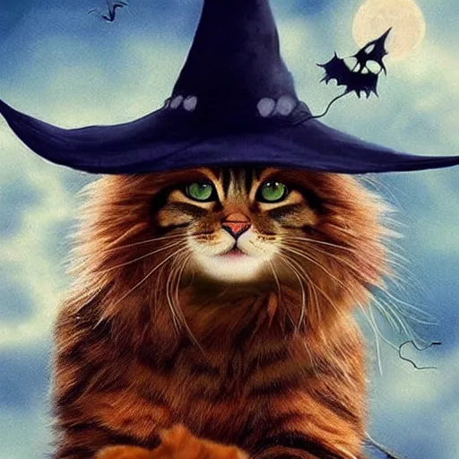 Prompt: beautiful artistic work of art realistic cinematic masterpiece where a cat comes out with a witch hat