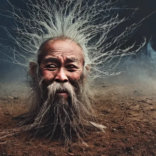 Image similar to full body shot of hanging old asian man with long beard, his head covered in roots, full face occult silver mask, bright multiple glowing eyes, holding a large carved wooden dark fractal stick, hanging upside down, thick smoke around him, in the burning soil desert, cinematic shot, wide angle, dark desert background, volumetric lighting by Denis Villeneuve, Lubezki, Gaspar Noe, Christopher Doyle and Alejandro Jodorowsky, anamorphic lens, anamorphic lens flares, kodakchrome, cinematic composition, practical effects, award winning photo, 8k