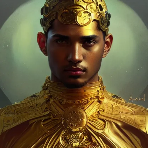 Image similar to portrait of a young handsome dark god, gold wires, intricate, headshot, highly detailed, digital painting, artstation, concept art, sharp focus, cinematic lighting, illustration, art by artgerm and greg rutkowski, alphonse mucha, cgsociety