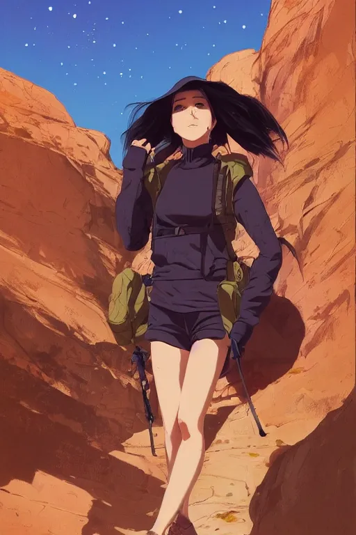 Image similar to a girl hiking in the desert, full shot, fine - face, realistic shaded perfect body details, fine details. night setting. very anime style. realistic shaded lighting, poster by ilya kuvshinov katsuhiro, magali villeneuve, artgerm, jeremy lipkin and michael garmash, rob rey and kentaro miura style, trending on art station