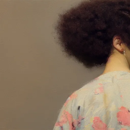 Image similar to girl with afro, in kimono, closeup portrait backview, low angle, jeremy lipking, tim rees, joseph todorovitch