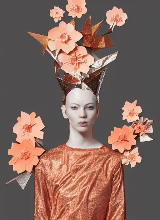 Image similar to portrait of a beautiful ceramic female tiger model wearing sakura and peach ( ( origami themed paper flower ) ) and metallic shapes haute couture by issey miyake