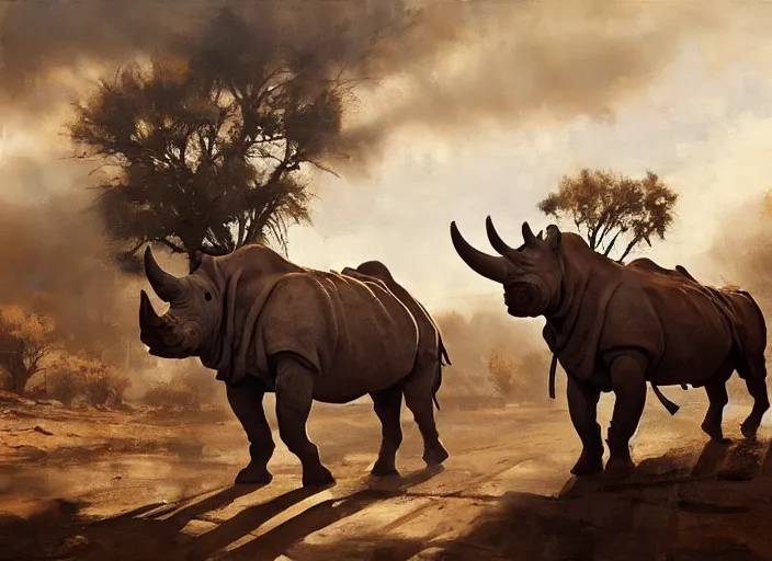 Image similar to oil painting of old rugged rhino in dusty wild west street, art by anders zorn, wonderful masterpiece by greg rutkowski, beautiful cinematic light, american romanticism by greg manchess, jessica rossier