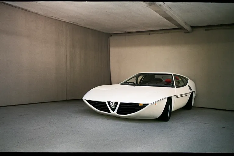 Prompt: single 1973Alfa Romeo Montreal, inside of a minimalist Tokyo garage, ektachrome photograph, volumetric lighting, f8 aperture, cinematic Eastman 5384 film
