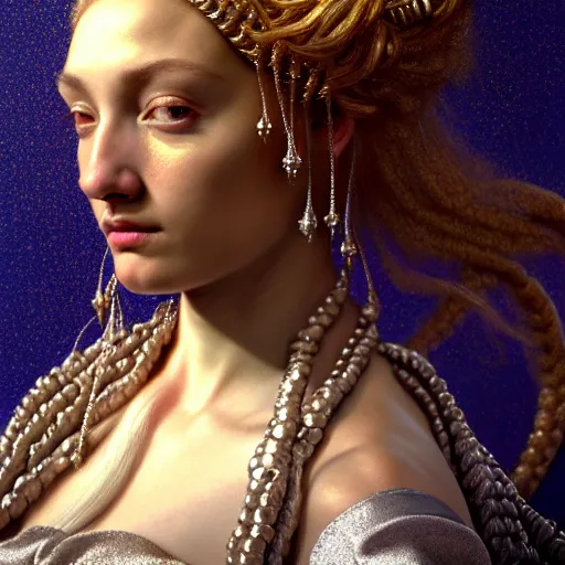 Prompt: baroque neoclassicist closeup renaissance portrait of beautiful river goddess with stars in her hair, reflective detailed textures, glittering silver ornaments, dark fantasy science fiction painting by diego rivera and jean delville and ruan jia and nicholas roerich and annie swynnerton and sam spratt, dramatic lighting, cool color palette, artstation, octane render, unreal engine