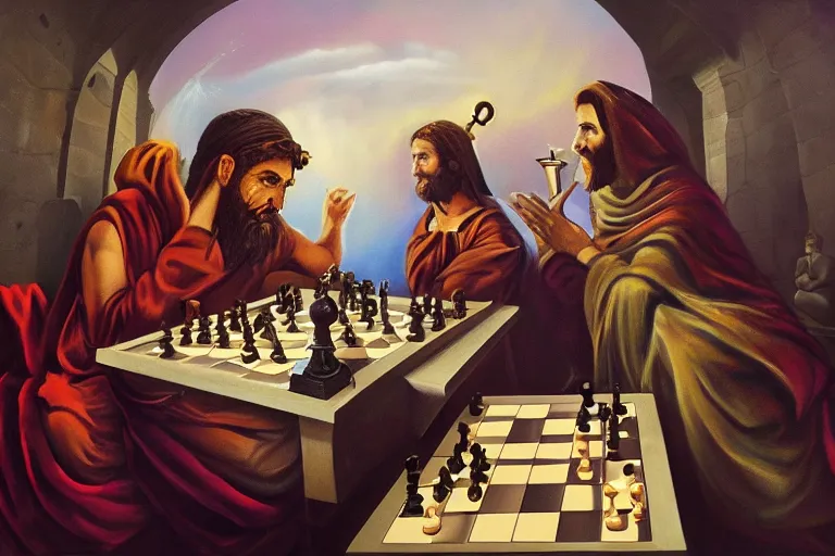 Prompt: A very detailed surreal fantasy painting of God playing chess against Jesus by Manjit Bawa, trending on artstation, 4k.