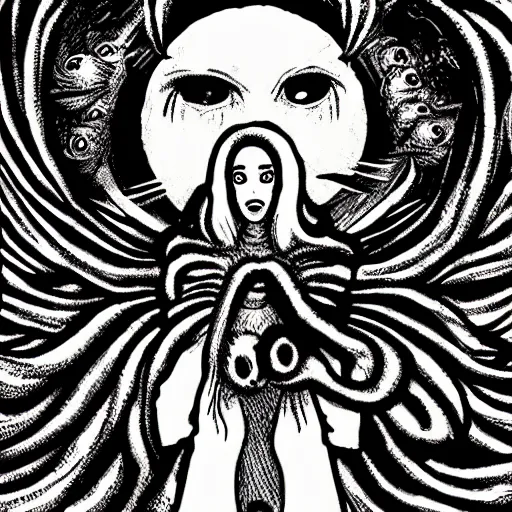 Image similar to lovecraftian many eyed angel, drawn in junji ito manga style