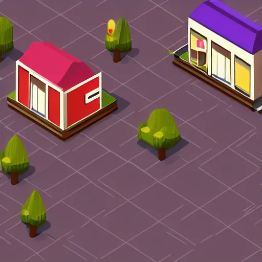 Image similar to isometric town, style of Hello Neighbor, dim lighting
