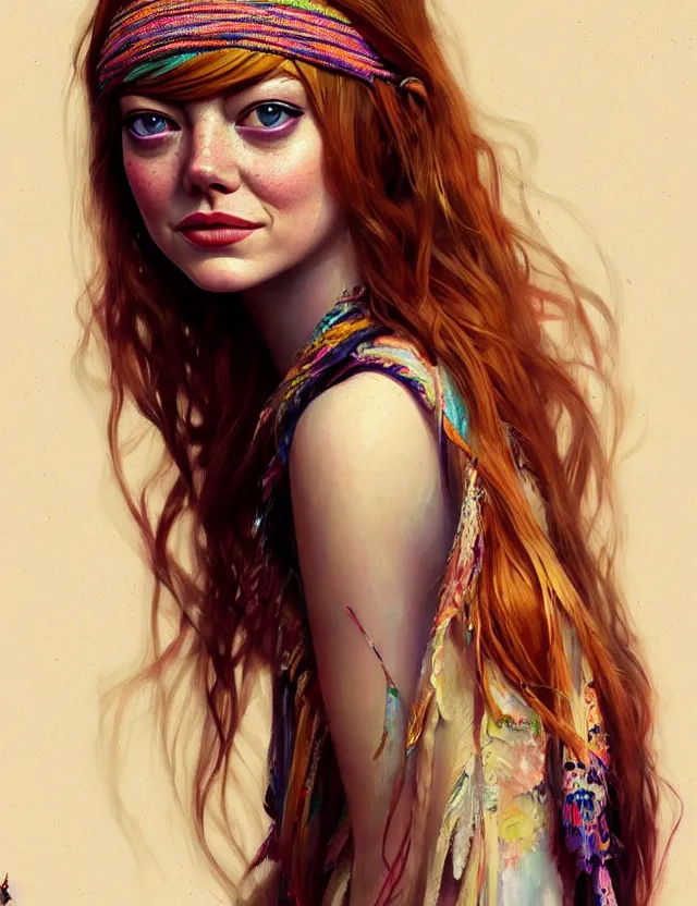 Prompt: portrait of young emma stone wearing boho clothing, hippie, long hair, groovy hairband, bangs, intricate, smooth, groovy lighting, highly detailed, digital painting, artstation, concept art, smooth, sharp focus, illustration, art by wlop, mars ravelo and greg rutkowski